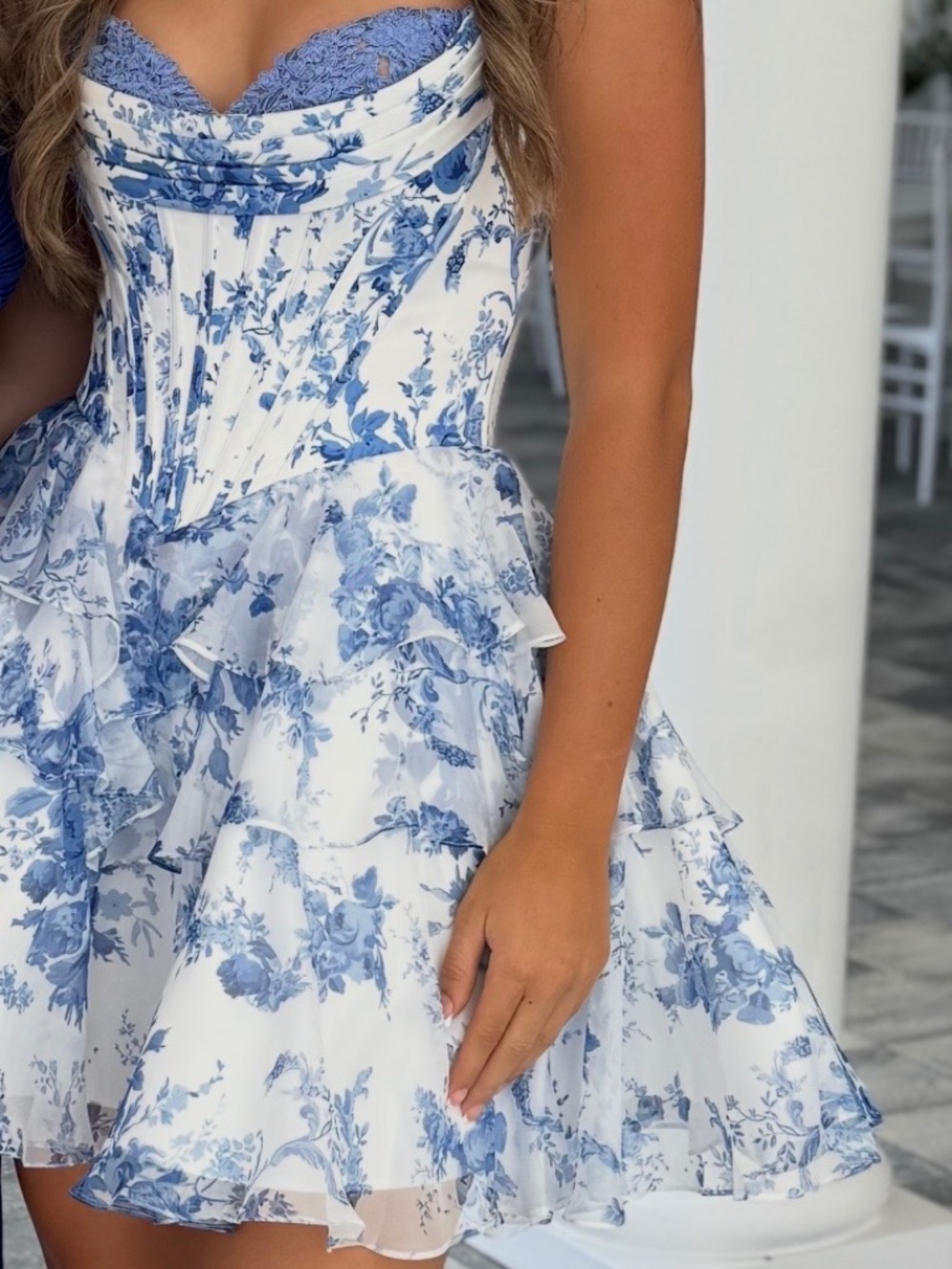 Amarra 89050 Short Print Corset Flared Homecoming Dress Lace Scoop Neck Cocktail